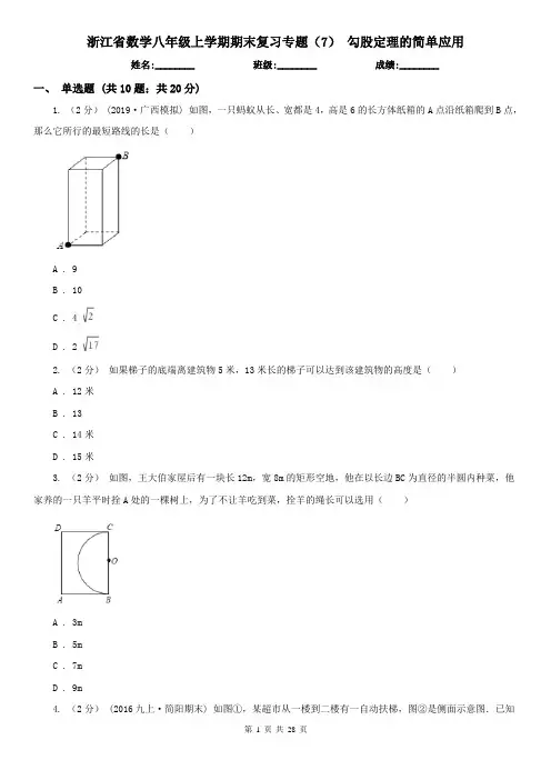 浙江省数学八年级上学期期末复习专题（7） 勾股定理的简单应用