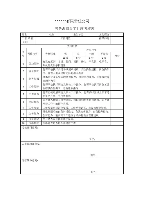 劳务派遣员工月度考核表