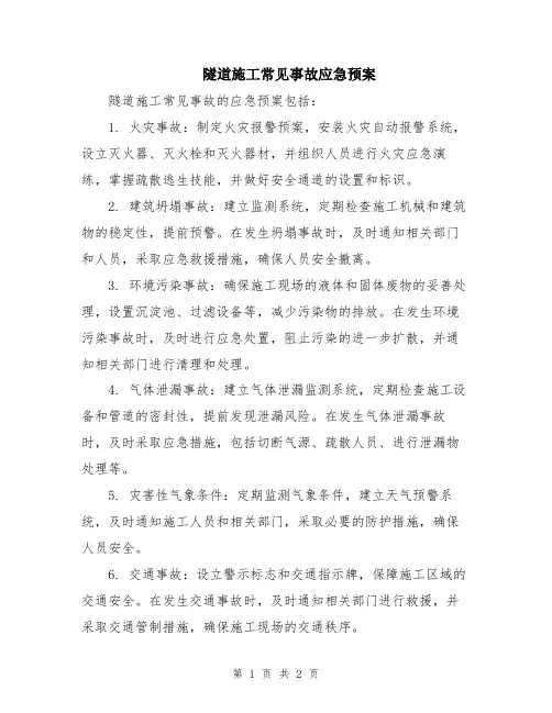 隧道施工常见事故应急预案