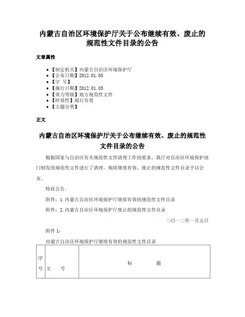 内蒙古自治区环境保护厅关于公布继续有效、废止的规范性文件目录的公告