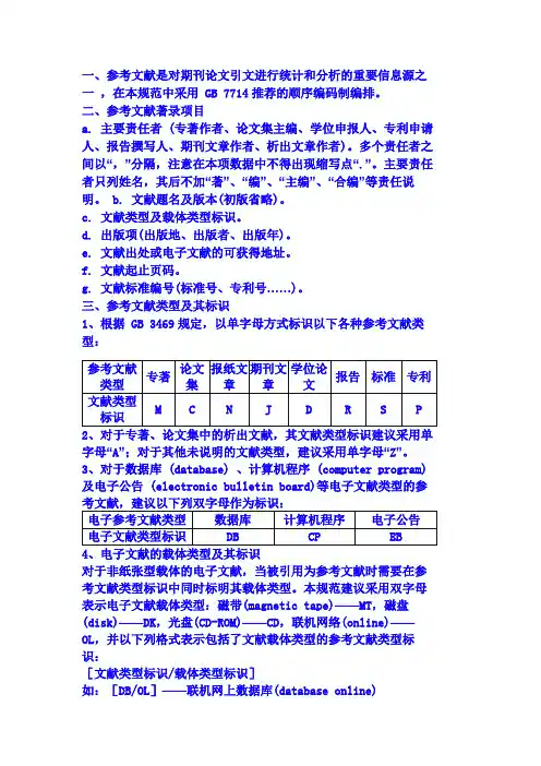 主要的参考文献类型标识符号、文献标识码符号及其代表的意义