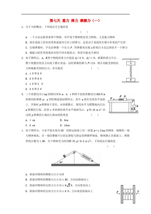 安徽省舒城中学高一物理寒假作业 第七天 重力 弹力 摩擦力