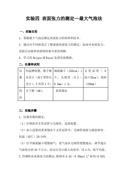 实验四 表面张力的测定 -最大气泡法