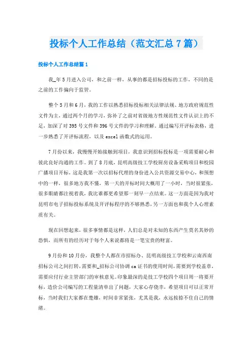 投标个人工作总结(范文汇总7篇)