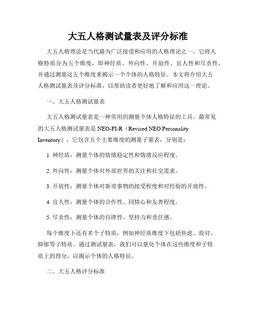 大五人格测试量表及评分标准