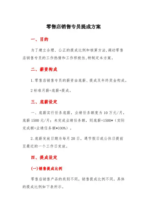 零售店销售专员业绩提成方案