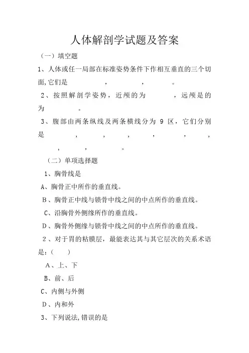人体解剖学试题标准答案MicrosoftOfficeWord-文档
