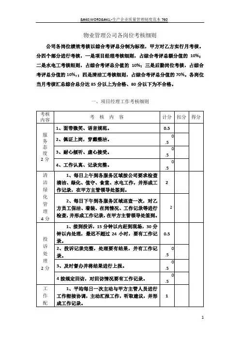 物业管理公司各岗位绩效考核细则