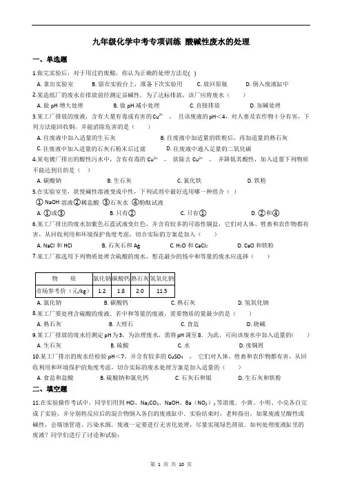 九年级化学中考专项训练 酸碱性废水的处理