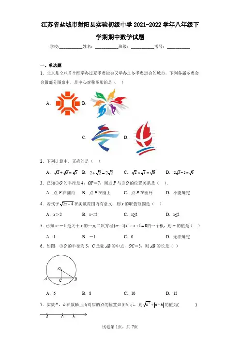 江苏省盐城市射阳县实验初级中学2021-2022学年八年级下学期期中数学试题