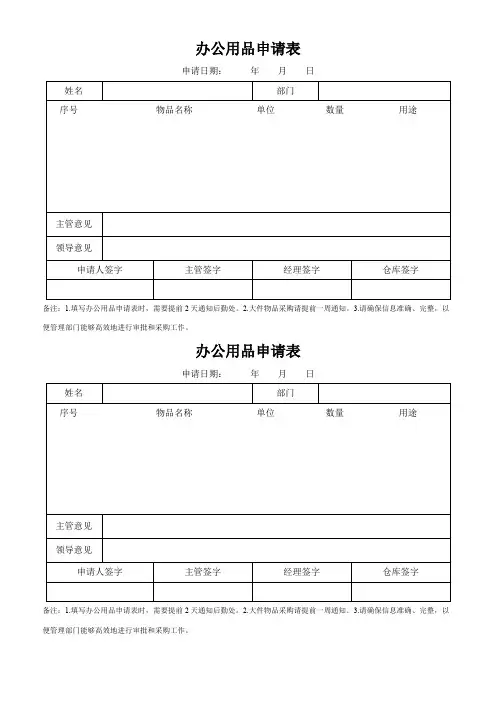 办公用品申请表格模板(可修改格式)