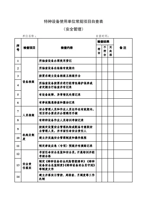 特种设备使用单位常规项目自查表(安全管理)