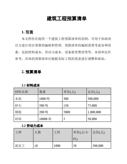 建筑工程预算清单