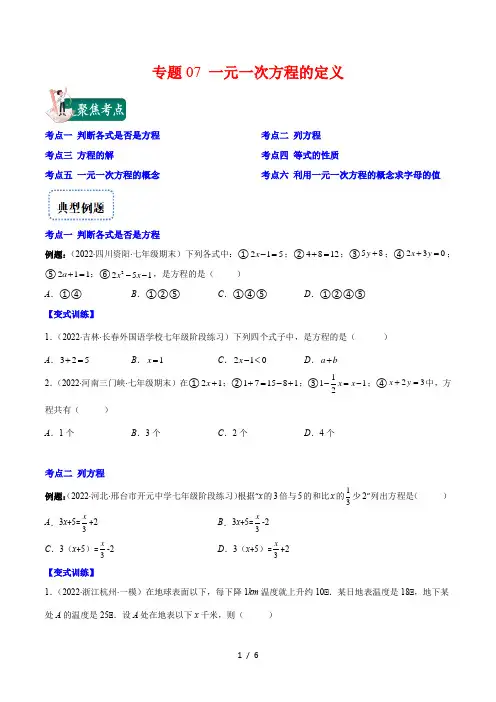 七年级数学上册专题07 一元一次方程的定义(原卷版)(重点突围)