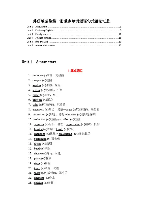 新教材 外研版高中英语必修第一册全册各单元重点单词短语句式语法汇总