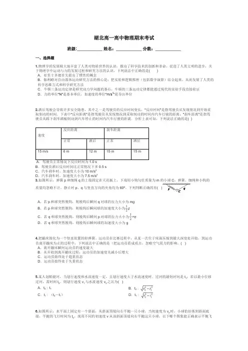 湖北高一高中物理期末考试带答案解析
