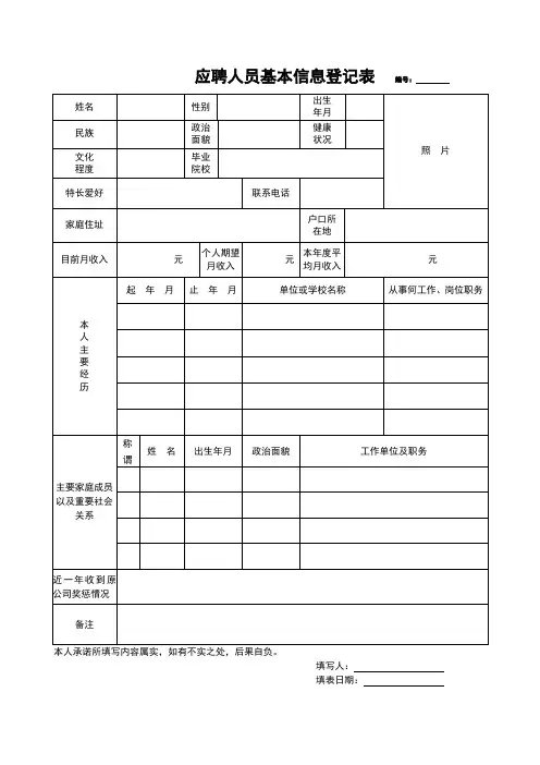 应聘人员信息登记表
