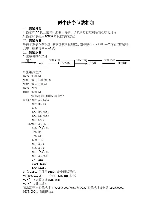 微机原理及其接口实验报告--两个多字节数相加