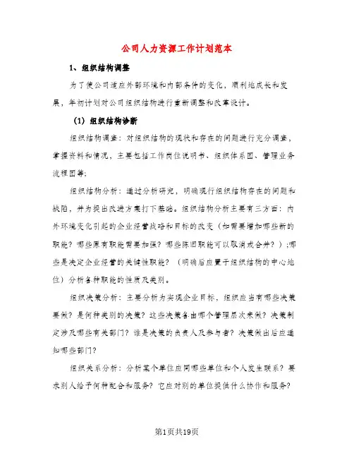 公司人力资源工作计划范本(五篇)