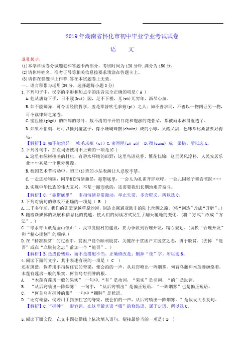 2019年湖南省怀化市初中毕业学业考试语文试题及答案解析(word)