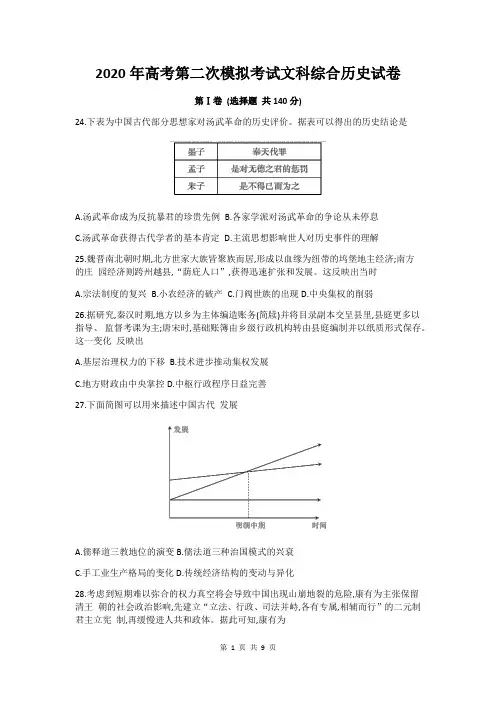 2020年高考第二次模拟考试文科综合历史试卷【答案+解析】