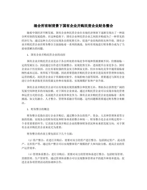 混合所有制背景下国有企业并购民营企业财务整合