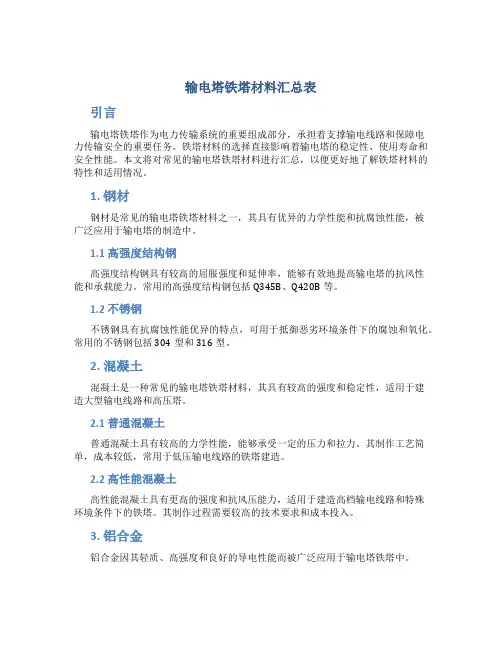 输电塔铁塔材料汇总表