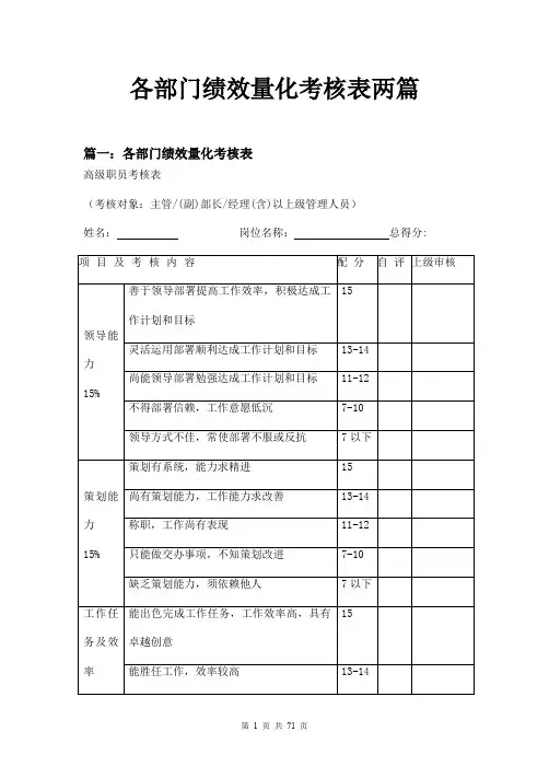 各部门绩效量化考核表两篇