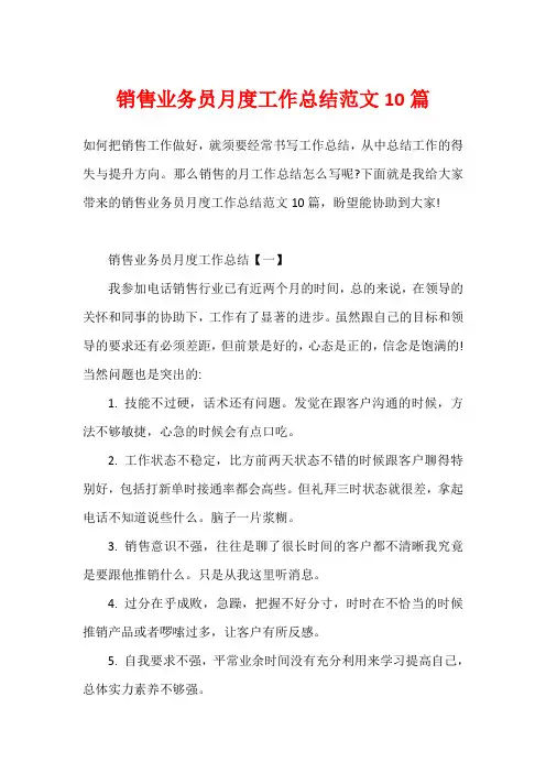 销售业务员月度工作总结范文10篇