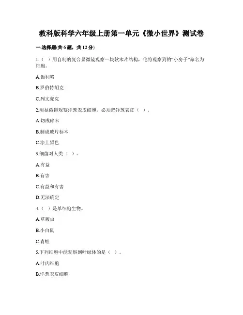 教科版小学科学六年级上册第一单元《微小世界》(单元测试题)