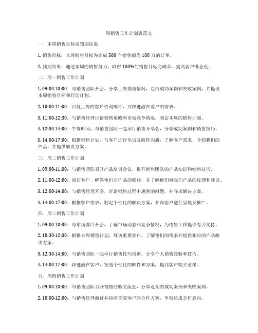 周销售工作计划表范文