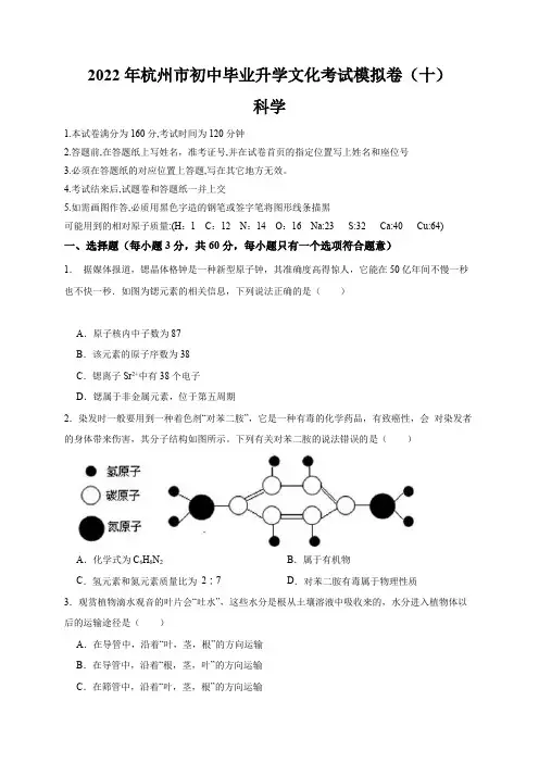 【挑战中考满分】2022年浙江省中考科学模拟卷(杭州专用)(十)(原卷版+解析)