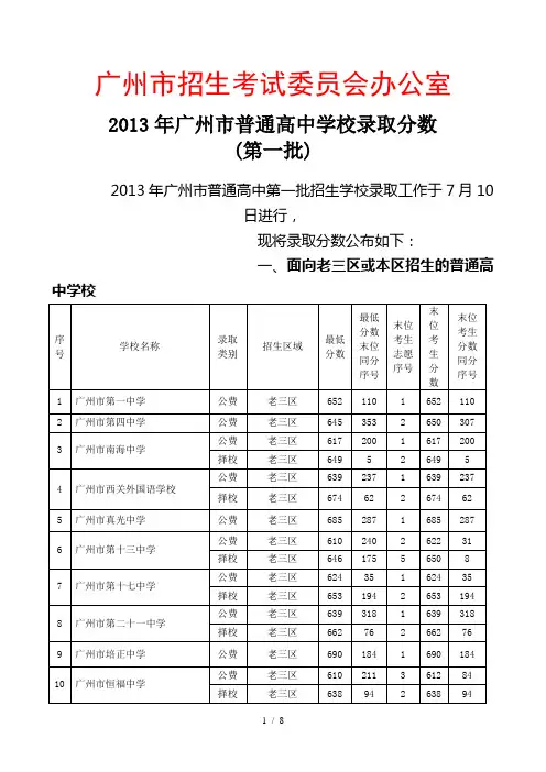 2016年广州市普通高中学校录取分数_第一批
