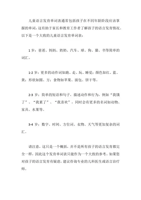 儿童语言发育单词表