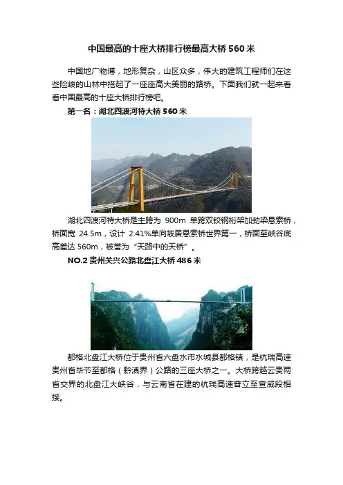 中国最高的十座大桥排行榜最高大桥560米