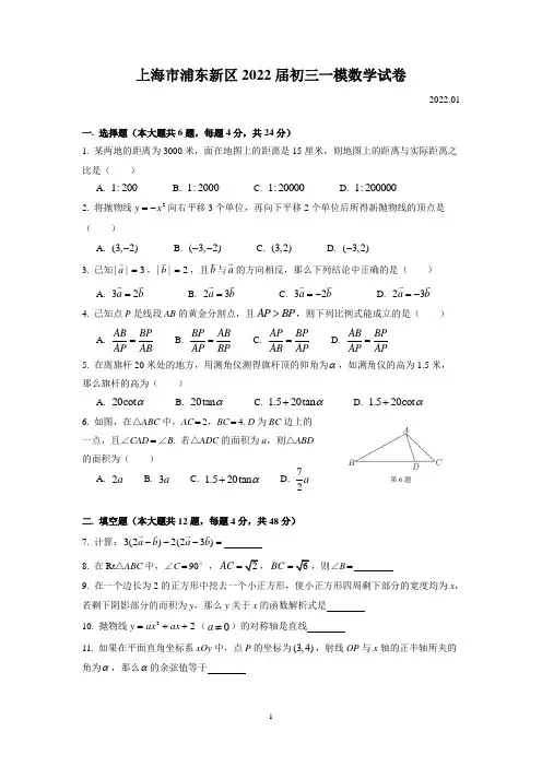 2022届上海市浦东区九年级数学一模Word版(附解析)