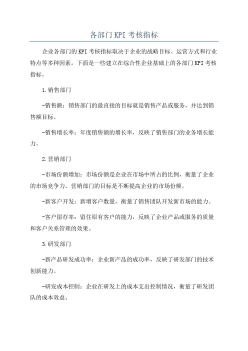 各部门KPI考核指标