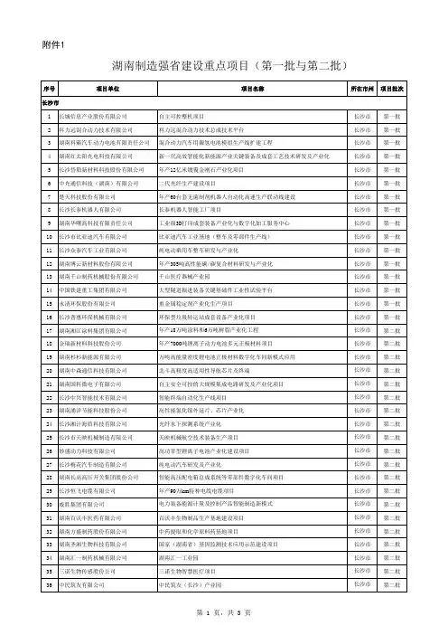 湖南制造强省建设重点项目(第一批与第二批)