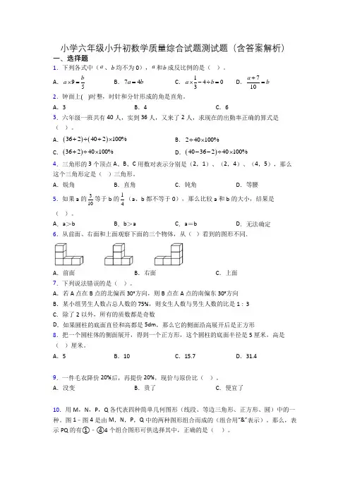 小学六年级小升初数学质量综合试题测试题(含答案解析)