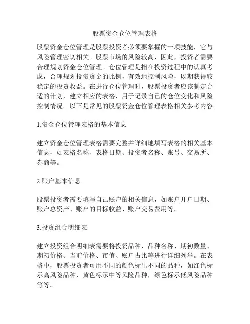 股票资金仓位管理表格