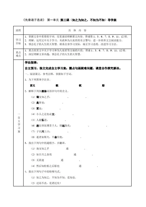 高中语文选修先秦诸子选读3《知之为知之-不知为不知》导学案学生版