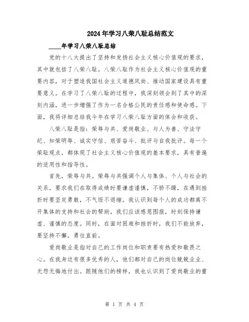 2024年学习八荣八耻总结范文
