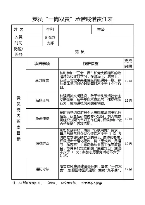 “一岗双责”承诺践诺责任表