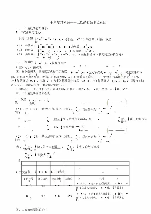 中考复习二次函数知识点总结