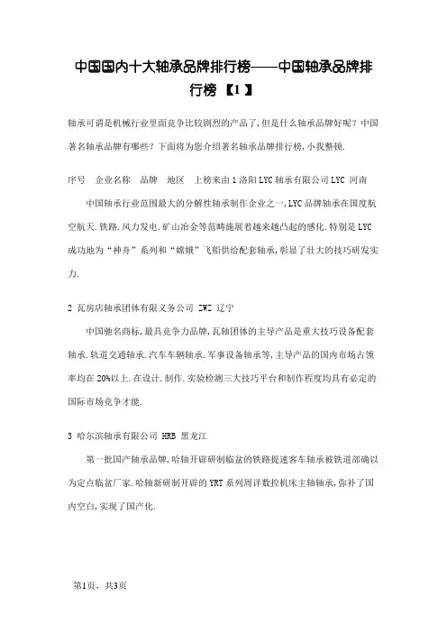 中国国内十大轴承品牌排行榜