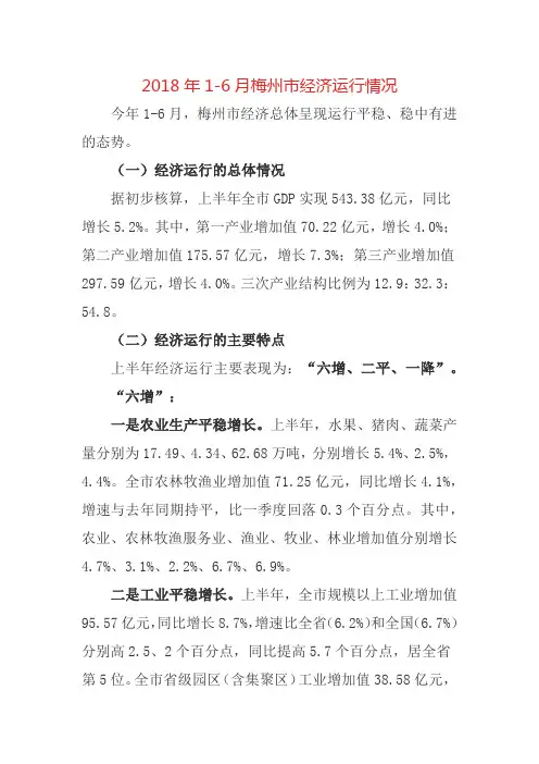2018年1-6月梅州市经济运行情况