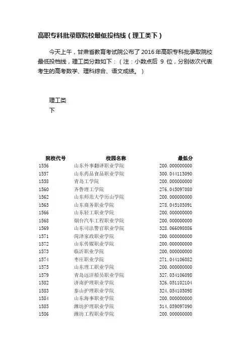 高职专科批录取院校最低投档线（理工类下）