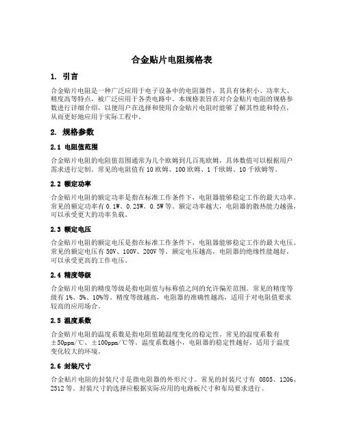 合金贴片电阻规格表