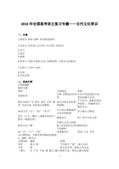 2016年全国高考语文复习专题——古代文化常识