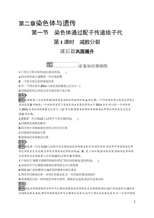 浙教版高中生物必修2 课后习题 第二章 第一节 第1课时 减数分裂